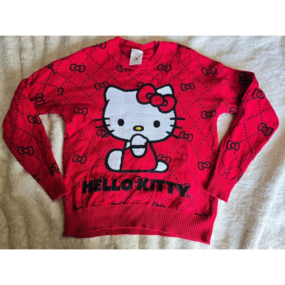 Hello Kitty by Sanrio Red Bow Argyle Crewneck Sweater Womens Size S